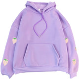 Harajuku Strawberry Embroidery Lavender Sweatshirt Autumn Winter Women Kawaii Loose Long Sleeves Tops Oversized Hoodies - Sellve