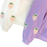 Harajuku Strawberry Embroidery Lavender Sweatshirt Autumn Winter Women Kawaii Loose Long Sleeves Tops Oversized Hoodies - Sellve