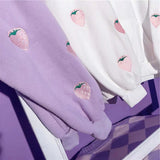 Harajuku Strawberry Embroidery Lavender Sweatshirt Autumn Winter Women Kawaii Loose Long Sleeves Tops Oversized Hoodies - Sellve