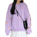 Harajuku Strawberry Embroidery Lavender Sweatshirt Autumn Winter Women Kawaii Loose Long Sleeves Tops Oversized Hoodies - Sellve