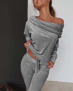 Sweatshirt Women 2 pieces Set Tracksuit Autumn One shoulder Sweatshirt Pants Sets Sport Wear Tracksuit Velvet Lounge Suit - Sellve