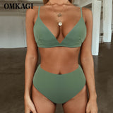 Bikini Swimwear Swimsuit Women Solid Bathing Suit Green Neno Bikini Set With Pad Female High Waist Beachwear - Sellve