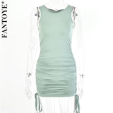 Cotton Ruched Drawstring Sexy Party Dress Women Sleeveless Elastic Mini Dress Vintage Summer Bodycon Club Wear - Sellve