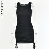 Cotton Ruched Drawstring Sexy Party Dress Women Sleeveless Elastic Mini Dress Vintage Summer Bodycon Club Wear - Sellve