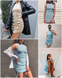 Cotton Ruched Drawstring Sexy Party Dress Women Sleeveless Elastic Mini Dress Vintage Summer Bodycon Club Wear - Sellve