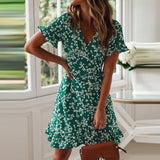 Women Dresses Summer Sexy V Neck Floral Print Boho Beach Dress Ruffle Short Sleeve A Line Mini Dress Sundress - Sellve