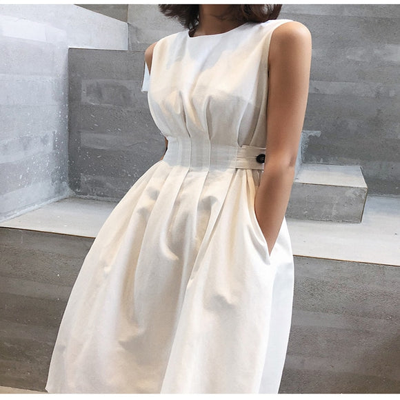 Summer Women Solid White Black Fashion Elegant Casual Party Dress O neck Sleeveless Tank Sundress Female - Sellve