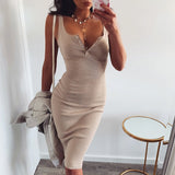 WannaThis Knee-Length Dress Knitted Elastic Sleeveless Bodycon elegant Women Summer Sexy V-Neck Button Party Slim Dresses - Sellve