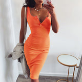 WannaThis Knee-Length Dress Knitted Elastic Sleeveless Bodycon elegant Women Summer Sexy V-Neck Button Party Slim Dresses - Sellve