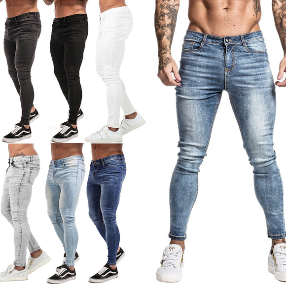 Men Elastic Waist Skinny Jeans Men Stretch Ripped Pants Streetwear Mens Denim Jeans Blue - Sellve