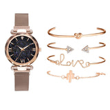 Luxury Brand Rose Gold Starry Sky Dial Watches Women Ladies Crystal Bracelet Quartz Wrist Watch 5 PCS Set - Sellve