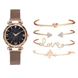 Luxury Brand Rose Gold Starry Sky Dial Watches Women Ladies Crystal Bracelet Quartz Wrist Watch 5 PCS Set - Sellve