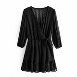 Summer Women Ruffles Lace Chiffon Dress Boho Mini Beach Dress Three Quarter Sleeve Ladies Party Dresses - Sellve