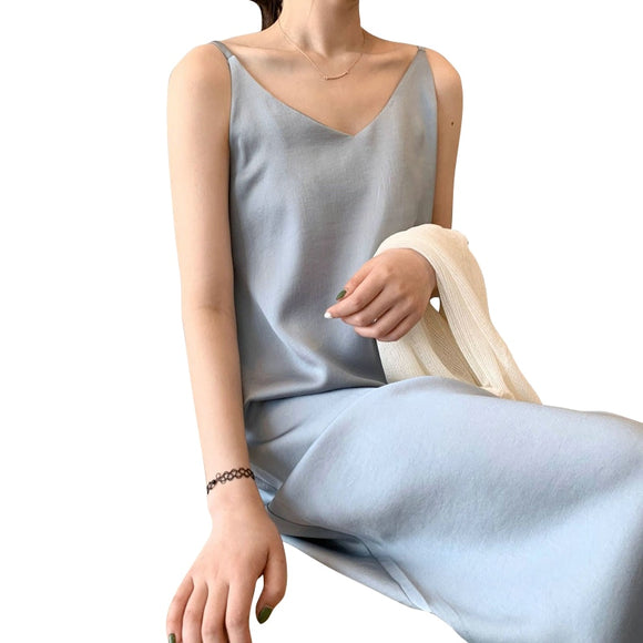 Women solid color midi dress strap adjust sleeveless 2020 korean fashion lady elegant dresses - Sellve