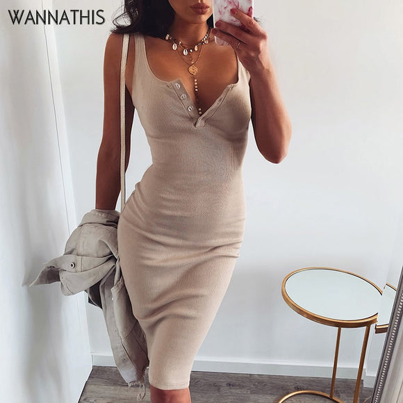 WannaThis Knee-Length Dress Knitted Elastic Sleeveless Bodycon elegant Women Summer Sexy V-Neck Button Party Slim Dresses - Sellve