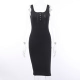 WannaThis Knee-Length Dress Knitted Elastic Sleeveless Bodycon elegant Women Summer Sexy V-Neck Button Party Slim Dresses - Sellve