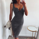 WannaThis Knee-Length Dress Knitted Elastic Sleeveless Bodycon elegant Women Summer Sexy V-Neck Button Party Slim Dresses - Sellve