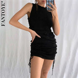 Cotton Ruched Drawstring Sexy Party Dress Women Sleeveless Elastic Mini Dress Vintage Summer Bodycon Club Wear - Sellve