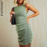 Cotton Ruched Drawstring Sexy Party Dress Women Sleeveless Elastic Mini Dress Vintage Summer Bodycon Club Wear - Sellve