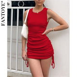 Cotton Ruched Drawstring Sexy Party Dress Women Sleeveless Elastic Mini Dress Vintage Summer Bodycon Club Wear - Sellve