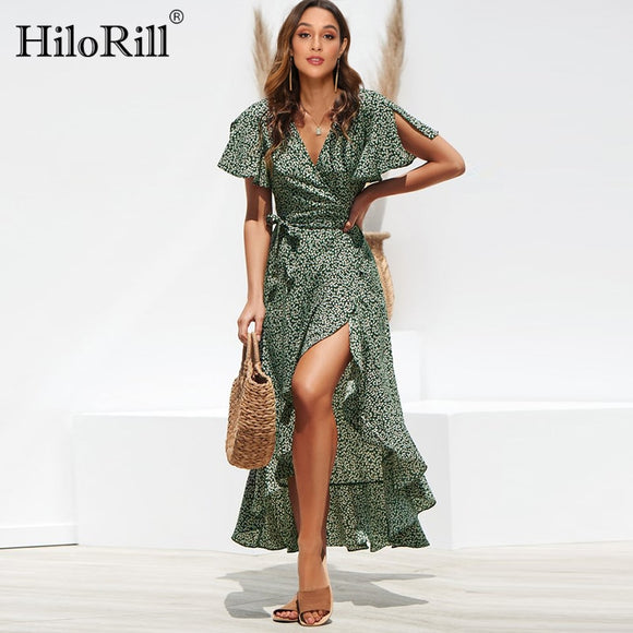 Summer Beach Maxi Dress Women Floral Print Boho Long Dress Ruffles Wrap Casual V-Neck Split Sexy Party Dress - Sellve