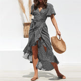 Summer Beach Maxi Dress Women Floral Print Boho Long Dress Ruffles Wrap Casual V-Neck Split Sexy Party Dress - Sellve