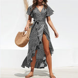 Summer Beach Maxi Dress Women Floral Print Boho Long Dress Ruffles Wrap Casual V-Neck Split Sexy Party Dress - Sellve