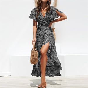 Summer Beach Maxi Dress Women Floral Print Boho Long Dress Ruffles Wrap Casual V-Neck Split Sexy Party Dress - Sellve