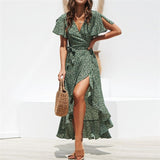 Summer Beach Maxi Dress Women Floral Print Boho Long Dress Ruffles Wrap Casual V-Neck Split Sexy Party Dress - Sellve