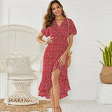 Summer Beach Maxi Dress Women Floral Print Boho Long Dress Ruffles Wrap Casual V-Neck Split Sexy Party Dress - Sellve