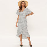 Summer Beach Maxi Dress Women Floral Print Boho Long Dress Ruffles Wrap Casual V-Neck Split Sexy Party Dress - Sellve