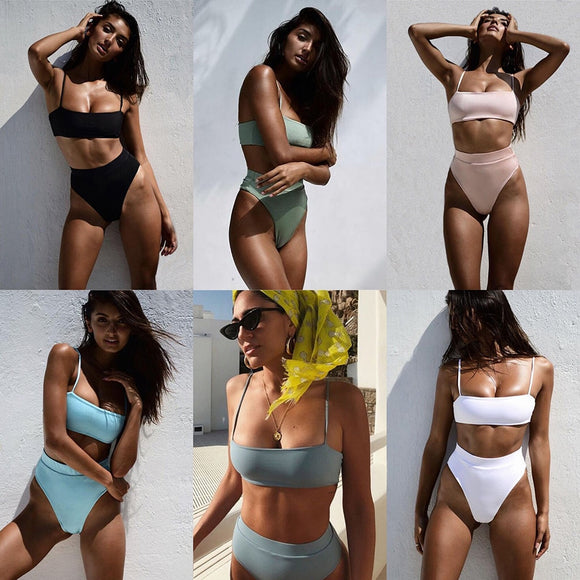 Sexy Bikinis Solid Push Up Bikini Hot Sale Padded Bra Straps High Waist Swimsuit Female Swimwear - Sellve