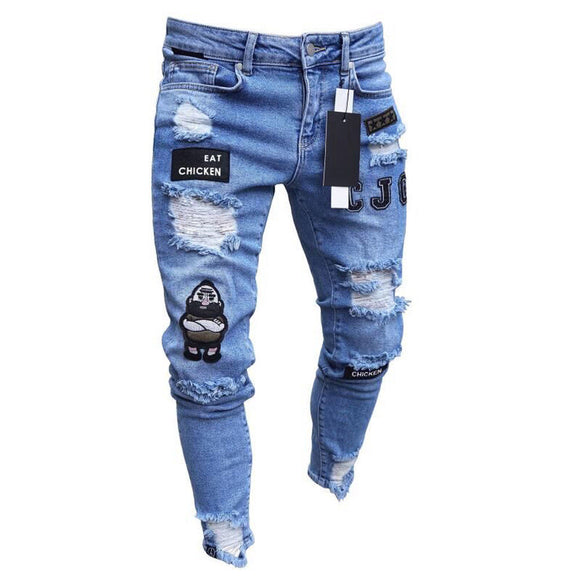 3 Styles Men Stretchy Ripped Skinny Biker Embroidery Print Jeans Destroyed Hole Taped Slim Fit Denim Scratched High Quality Jean - Sellve