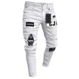 3 Styles Men Stretchy Ripped Skinny Biker Embroidery Print Jeans Destroyed Hole Taped Slim Fit Denim Scratched High Quality Jean - Sellve