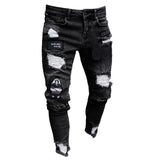 3 Styles Men Stretchy Ripped Skinny Biker Embroidery Print Jeans Destroyed Hole Taped Slim Fit Denim Scratched High Quality Jean - Sellve