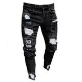 3 Styles Men Stretchy Ripped Skinny Biker Embroidery Print Jeans Destroyed Hole Taped Slim Fit Denim Scratched High Quality Jean - Sellve