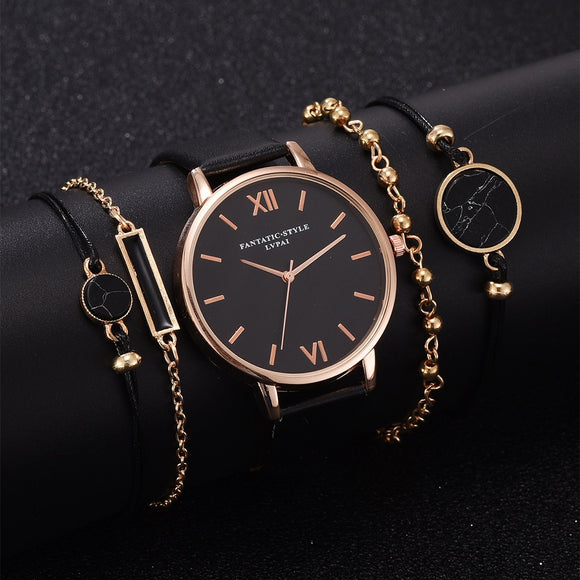 Watch Set Women 5pcs Woman Quartz Wristwatch Leather Ladies Bracelet Luxury Watch - Sellve