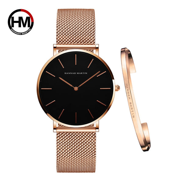 Women Watch 1 set Bracelet Japan Quartz Movement Simple Waterproof Rose Gold Stainless Steel Mesh Ladies watch - Sellve