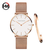 Women Watch 1 set Bracelet Japan Quartz Movement Simple Waterproof Rose Gold Stainless Steel Mesh Ladies watch - Sellve