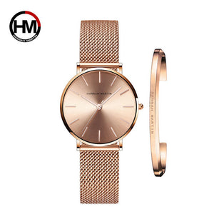 Women Watch 1 set Bracelet Japan Quartz Movement Simple Waterproof Rose Gold Stainless Steel Mesh Ladies watch - Sellve