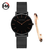 Women Watch 1 set Bracelet Japan Quartz Movement Simple Waterproof Rose Gold Stainless Steel Mesh Ladies watch - Sellve