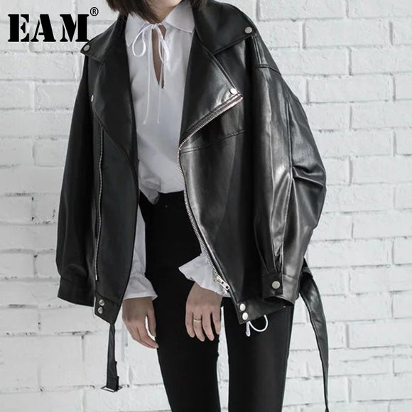 High Quality Spring Black PU Leather Loose Turn-down Collar Zipper Fashion New Women's Wild Jacket - Sellve