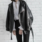 High Quality Spring Black PU Leather Loose Turn-down Collar Zipper Fashion New Women's Wild Jacket - Sellve