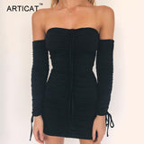 Women Autumn Winter Bandage Dress Sexy Off Shoulder Long Sleeve Slim Elastic Bodycon Party Dresses - Sellve