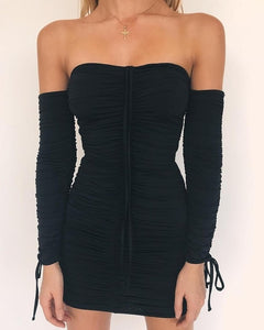 Women Autumn Winter Bandage Dress Sexy Off Shoulder Long Sleeve Slim Elastic Bodycon Party Dresses - Sellve