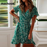 Women Dresses Summer Sexy V Neck Floral Print Boho Beach Dress Ruffle Short Sleeve A Line Mini Dress Sundress - Sellve