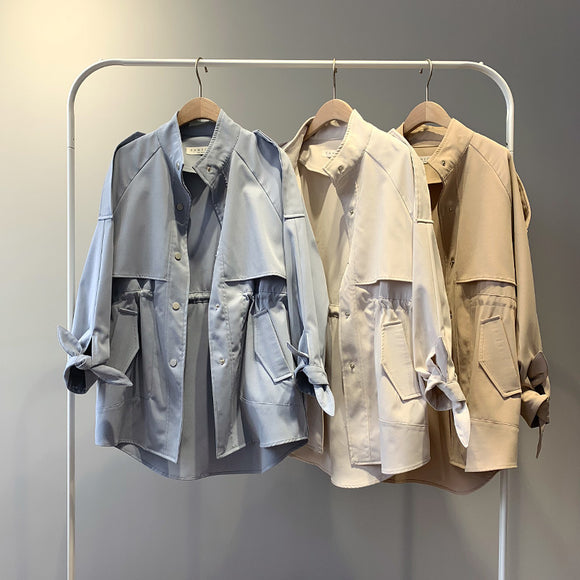 Fashion Trench Coats Female Spring Windbreaker Drawstring Coats Casual Loose Safari Clothes Stand Collar - Sellve