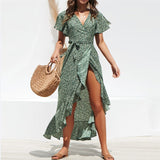 Summer Beach Maxi Dress Women Floral Print Boho Long Dress Ruffles Wrap Casual V-Neck Split Sexy Party Dress - Sellve