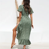 Summer Beach Maxi Dress Women Floral Print Boho Long Dress Ruffles Wrap Casual V-Neck Split Sexy Party Dress - Sellve