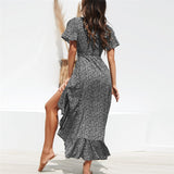 Summer Beach Maxi Dress Women Floral Print Boho Long Dress Ruffles Wrap Casual V-Neck Split Sexy Party Dress - Sellve